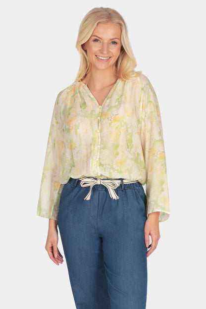 Tie-Dye Flute Sleeve Print Blouse