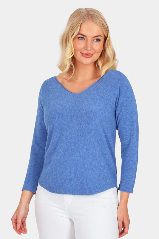 A marine blue soft yarn classic shape single ply light v neck spring summer cloud knitwear womens jumper 
