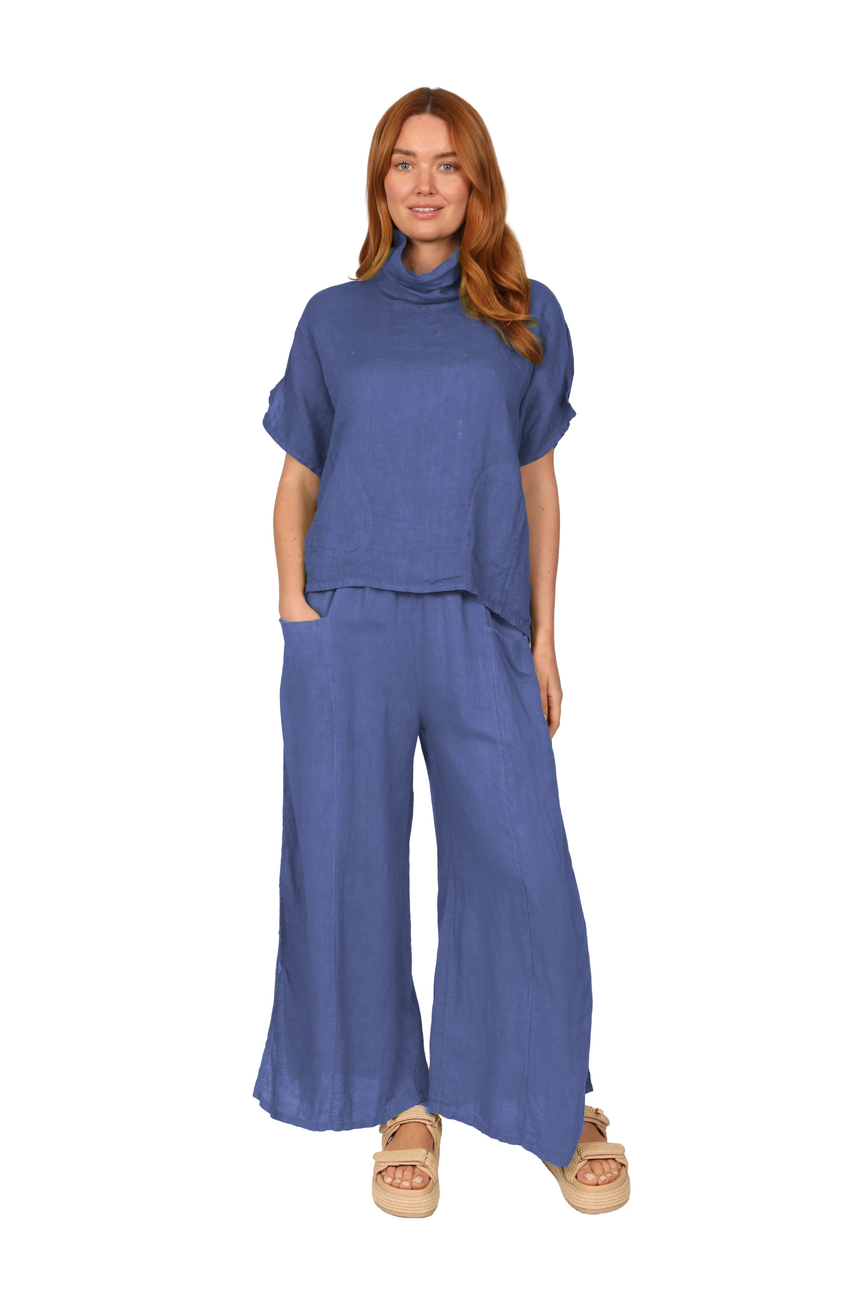 DIANTHA - Womens Linen Top in Bluebell front - made in Italy