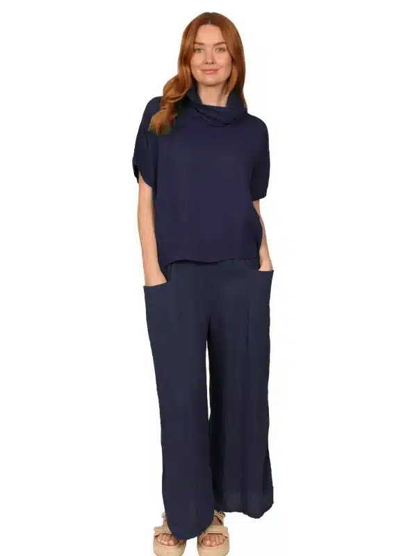 DIANTHA - Womens Linen Top in Navy front - made in Italy