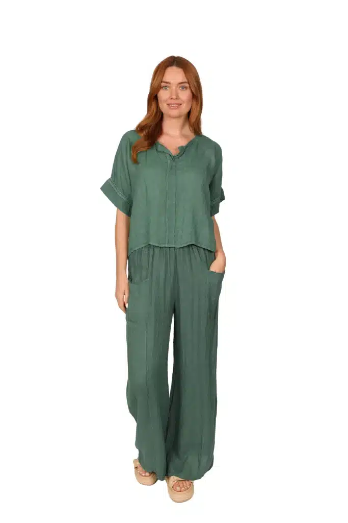 MAILE Top - Womens Linen Top in Deep Sea Green front - made in Italy