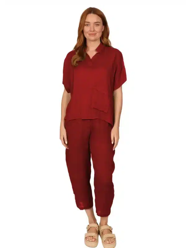 Alyssa - Womens Linen Top in Cherry Red front - made in Italy