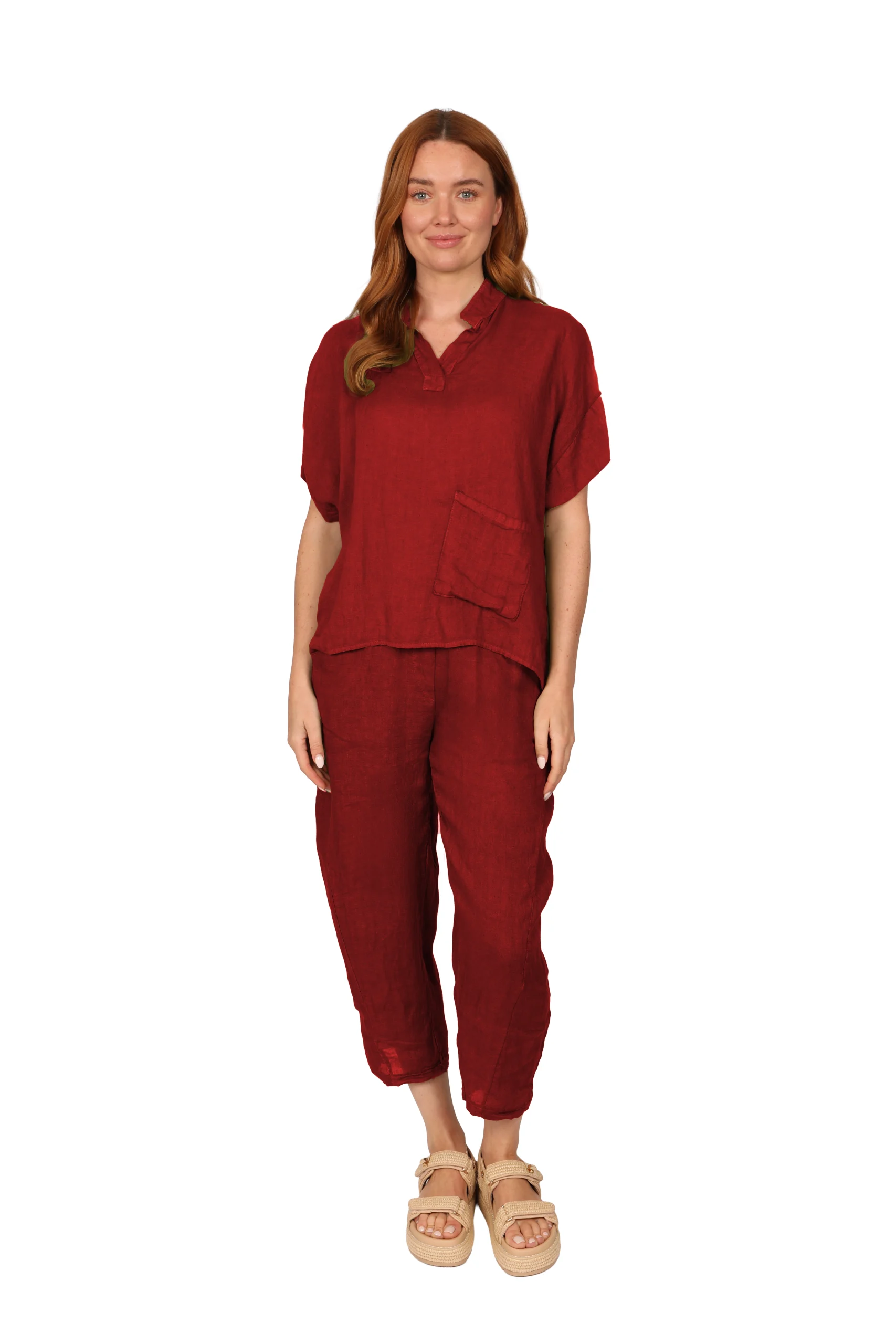 Alyssa - Womens Linen Top in Cherry Red front - made in Italy