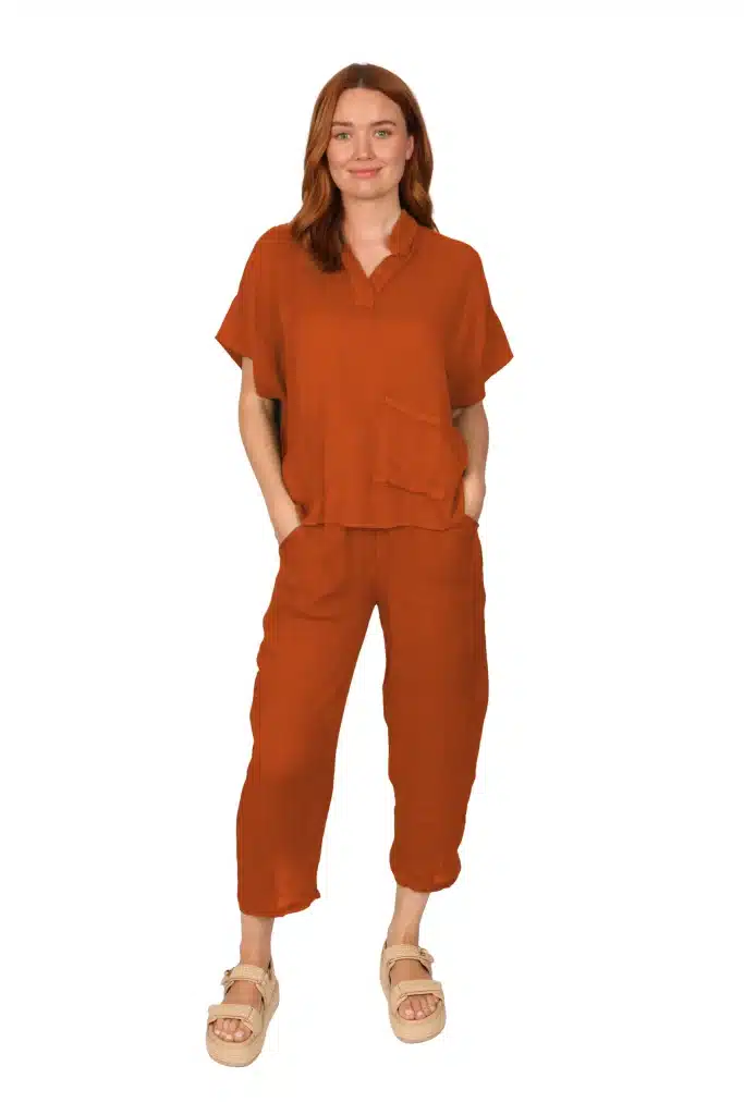 Alyssa - Womens Linen Top in Terracota front - made in Italy