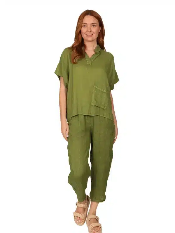 Alyssa - Womens Linen Top in Green front - made in Italy