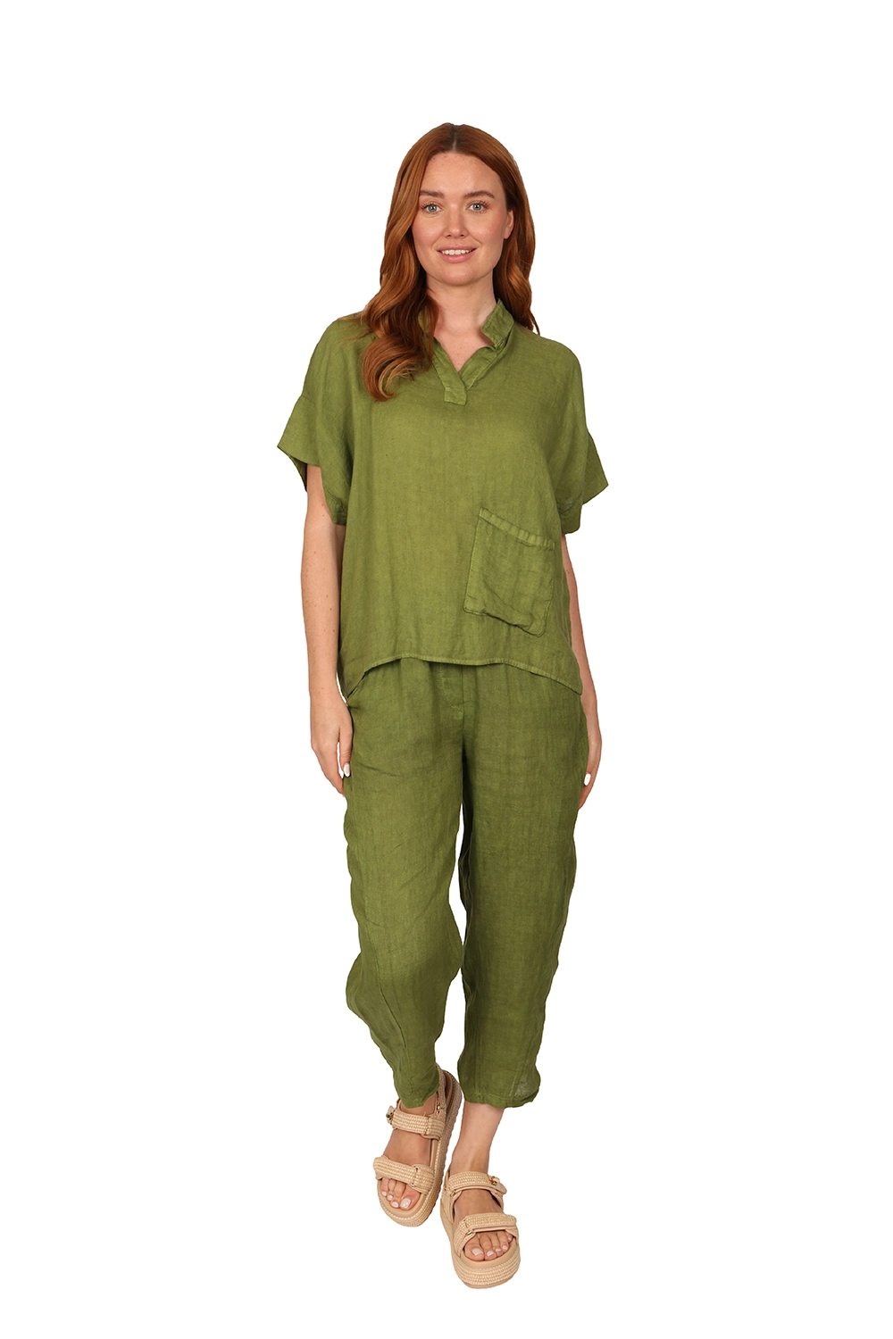 Alyssa - Womens Linen Top in Green front - made in Italy