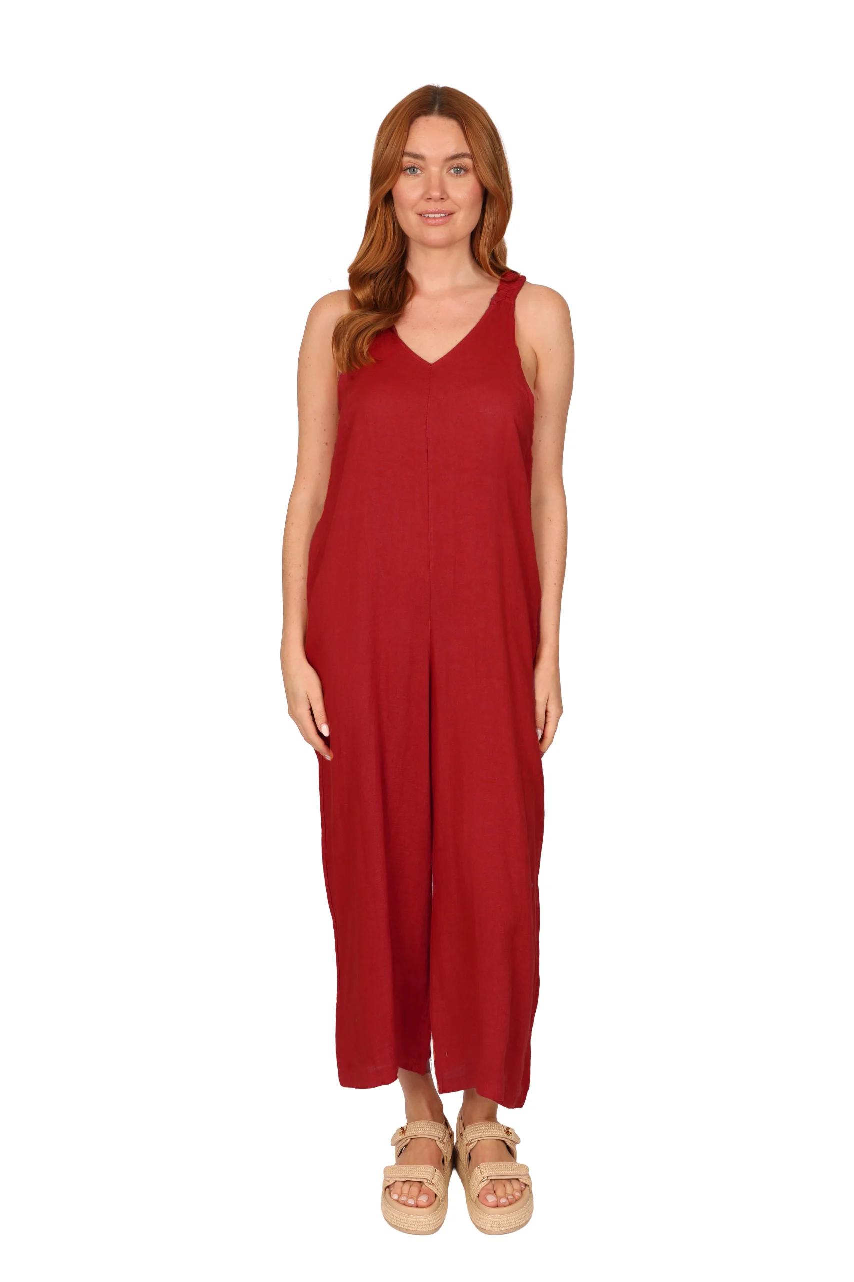SOMA Linen Jumpsuit - Womens Linen Dungaree in Cherry Red front - made in Italy
