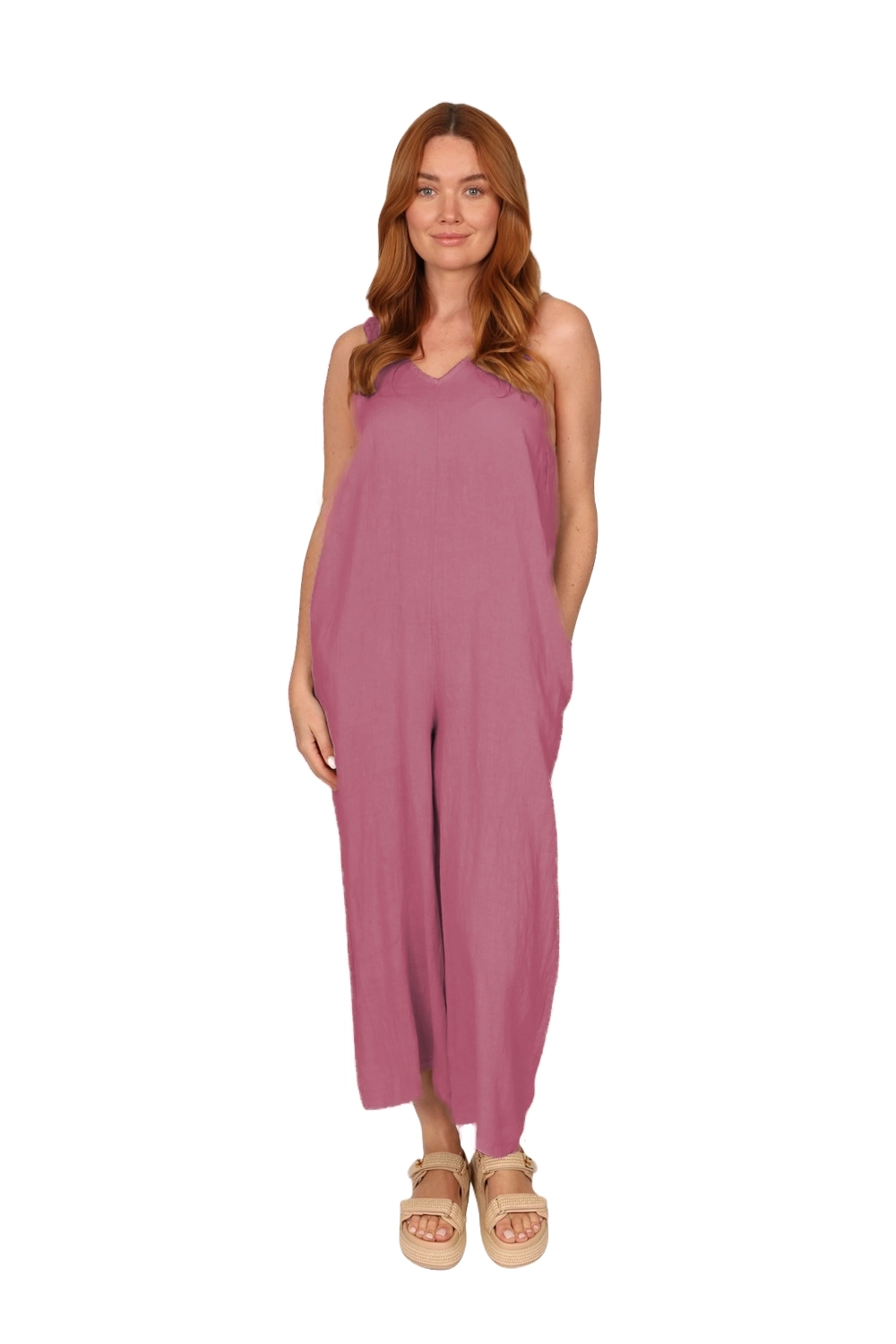 SOMA Linen Jumpsuit - Womens Linen Dungaree in Dark Rose front - made in Italy