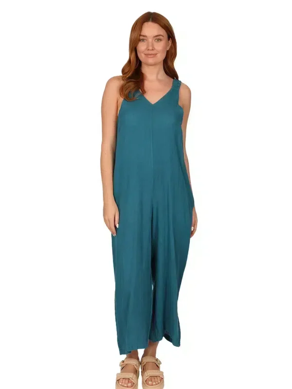 SOMA Linen Jumpsuit - Womens Linen Dungaree in Teal front - made in Italy