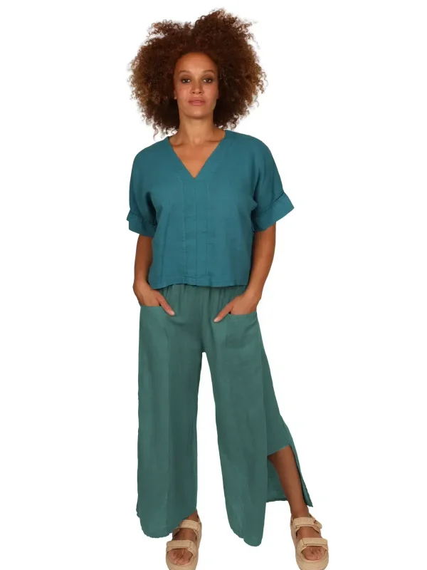 FLEUR Trouser - Womens Linen Trouser in Deep Sea Green front - made in Italy