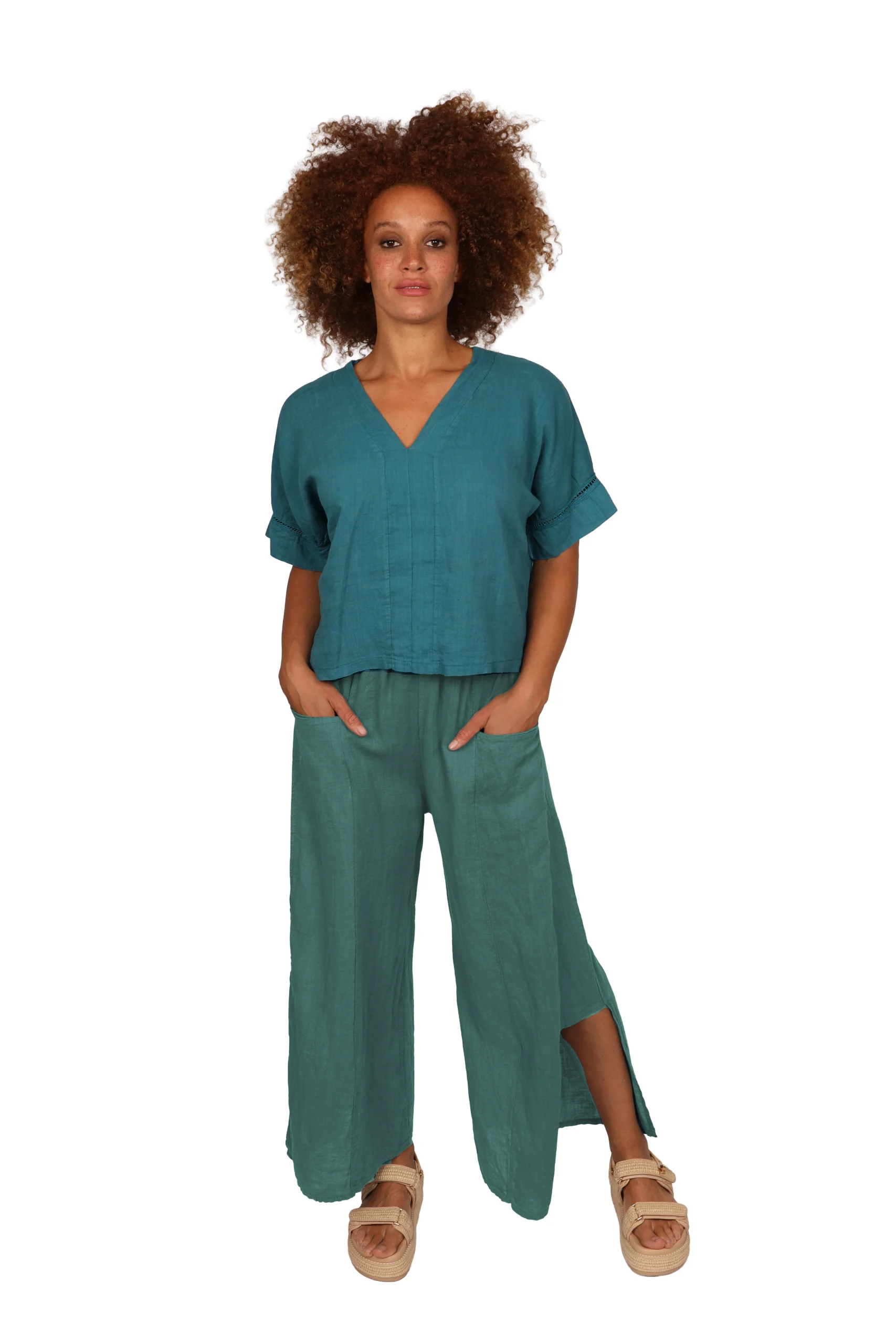 FLEUR Trouser - Womens Linen Trouser in Deep Sea Green front - made in Italy