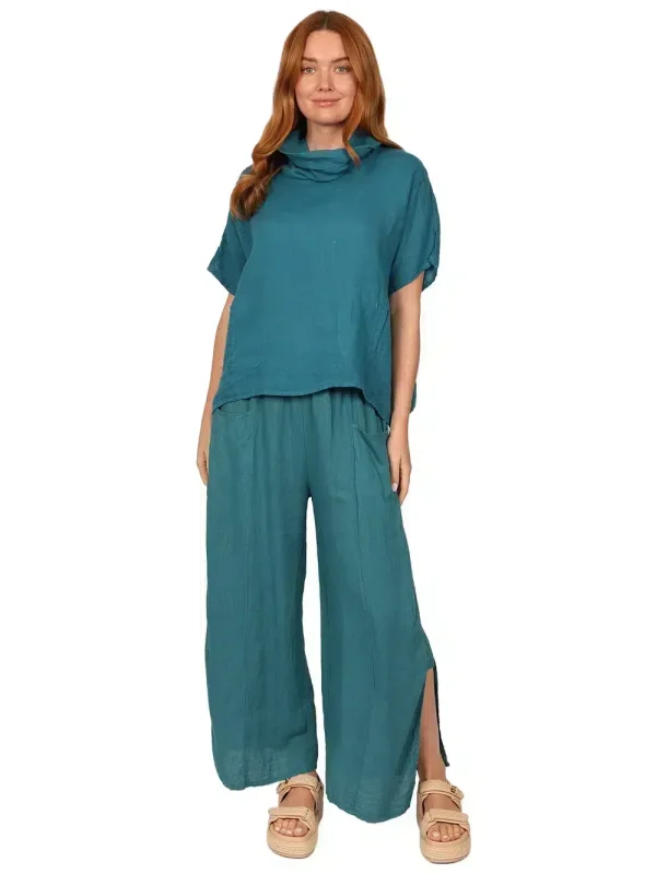 FLEUR Trouser - Womens Linen Trouser in Teal front - made in Italy