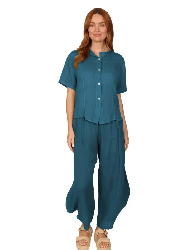 OLEANDER Blouse - Womens Linen Top in Deep Teal front - made in Italy