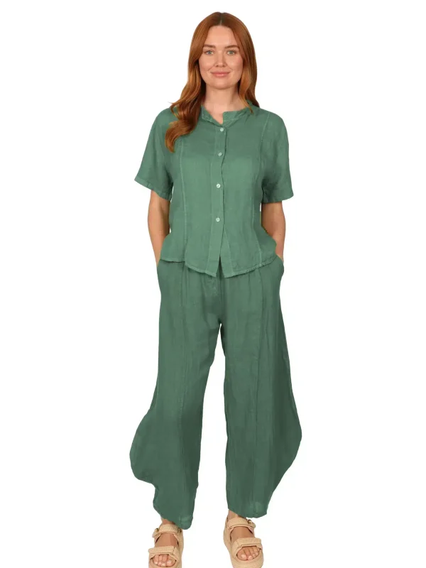 OLEANDER Blouse - Womens Linen Top in Deep Sea Green - made in Italy