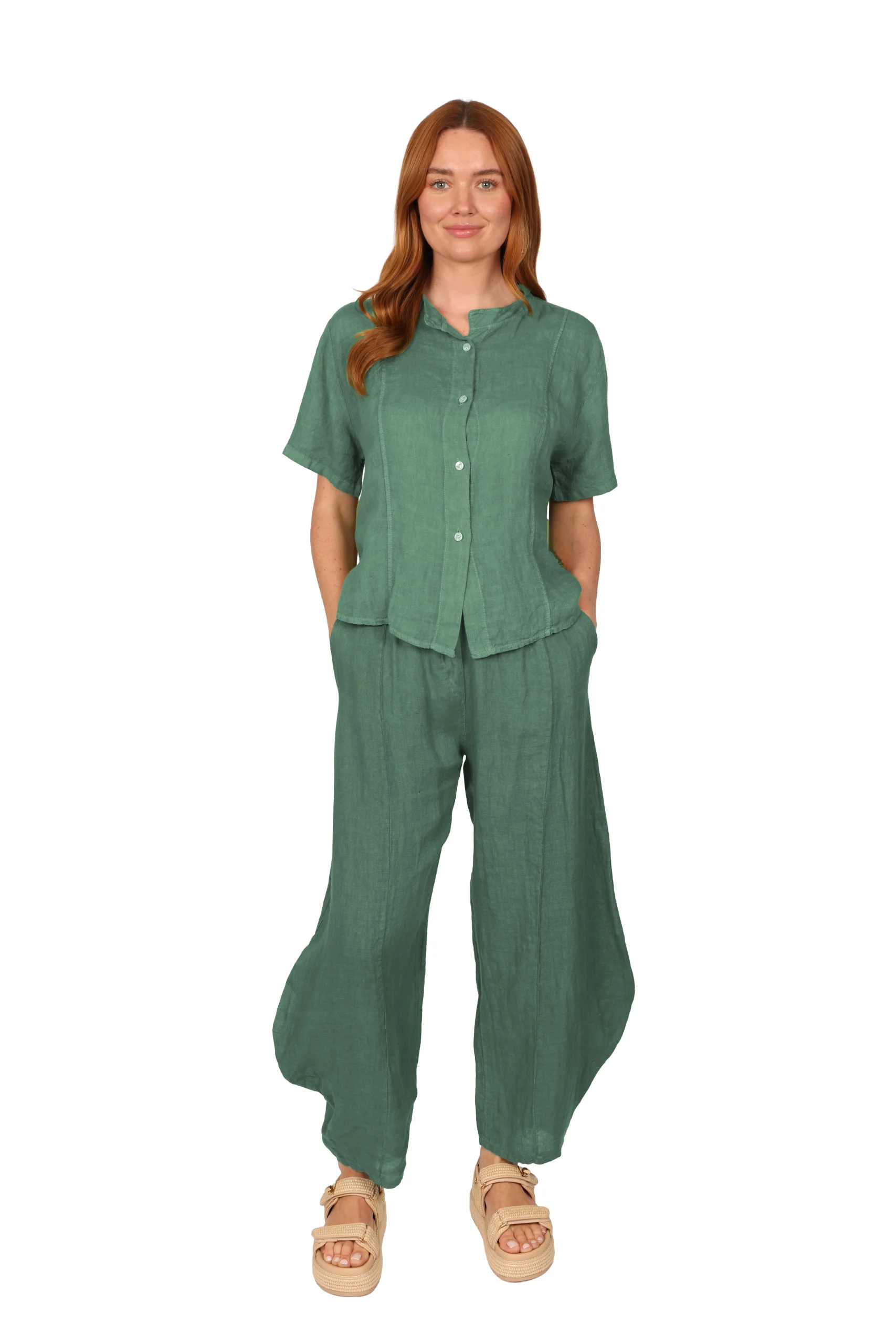 OLEANDER Blouse - Womens Linen Top in Deep Sea Green - made in Italy